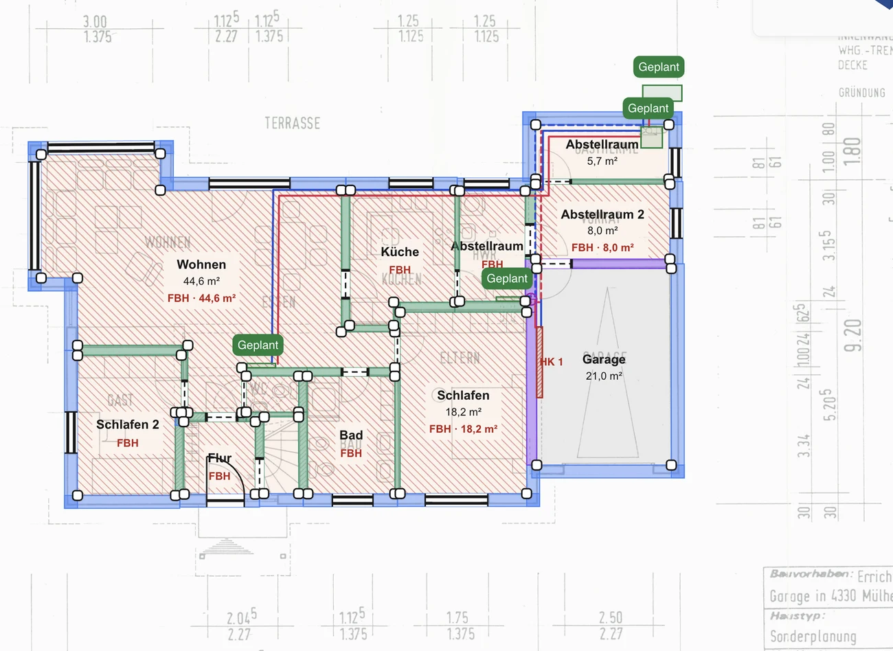 Grundriss mit Räumen und geplanten Bauteilen