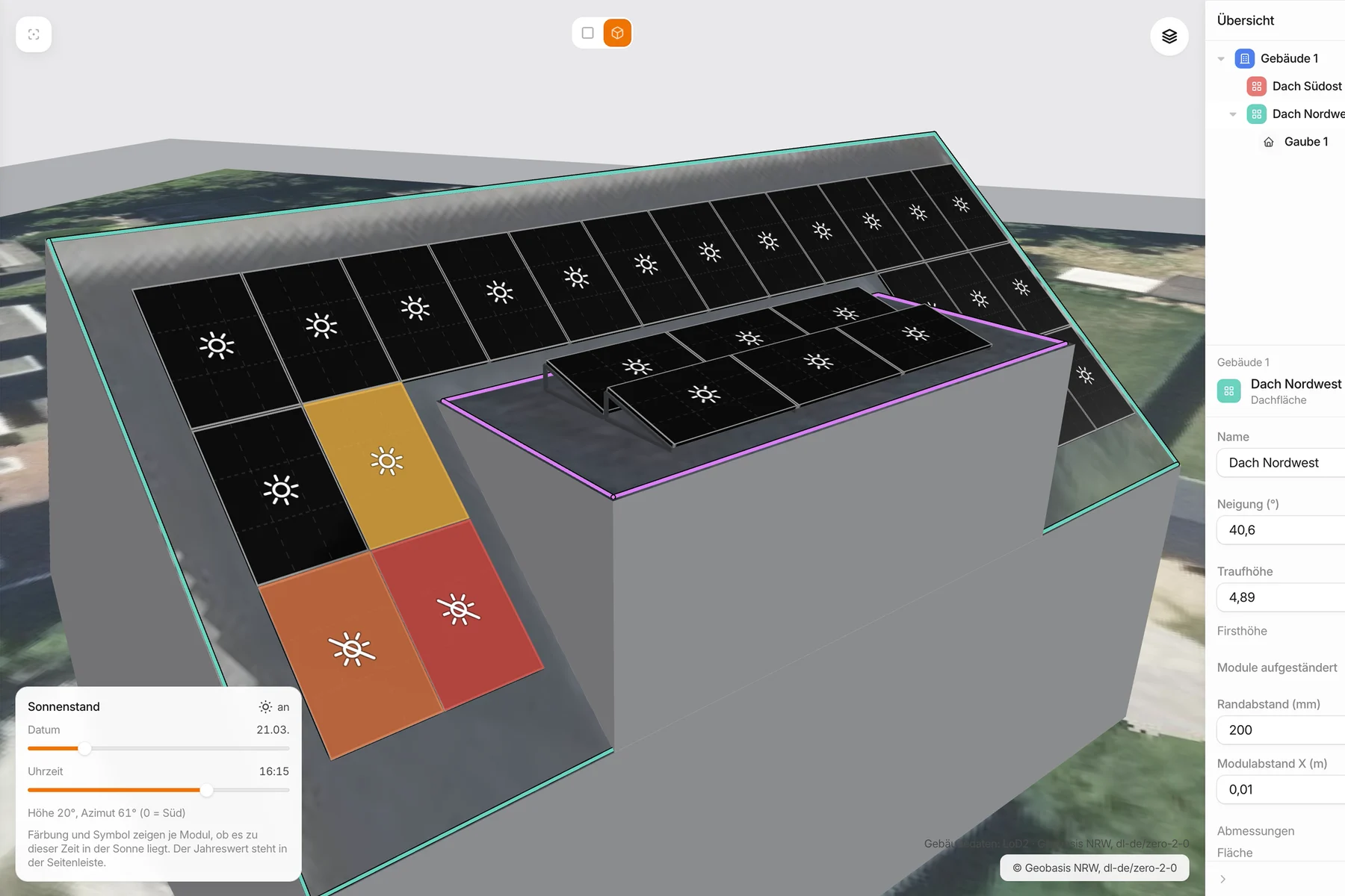 3D-Modell mit Verschattung je Modul